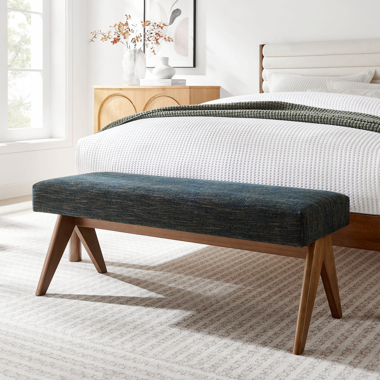 Serenel Upholstered Fabric Bench, Small, Azure
