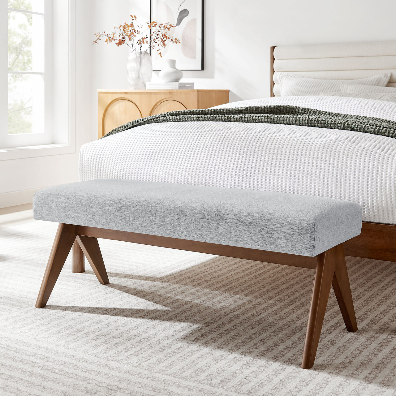 Serenel Upholstered Fabric Bench, Small, Light Gray