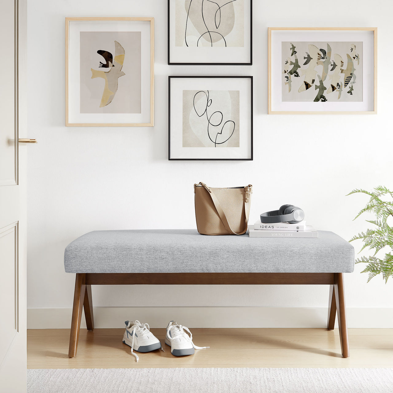 Serenel Upholstered Fabric Bench, Small, Light Gray