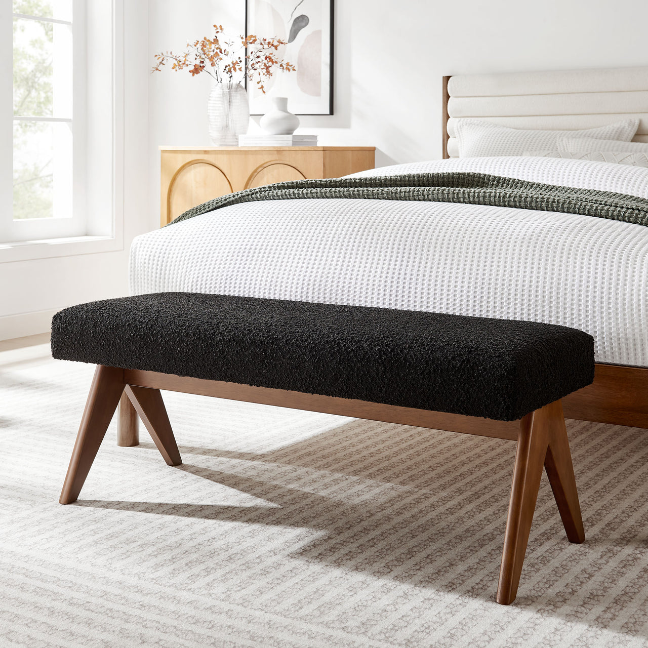 Serenel Upholstered Boucle Bench, Small, Black