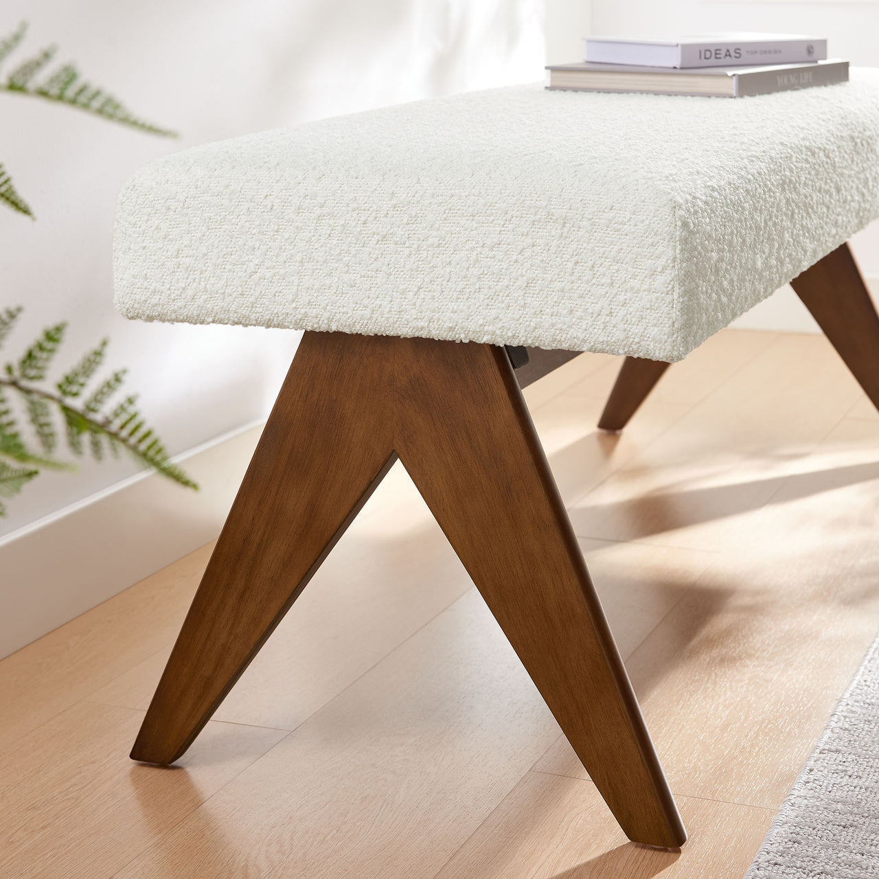 Serenel Upholstered Boucle Bench, Small, Ivory