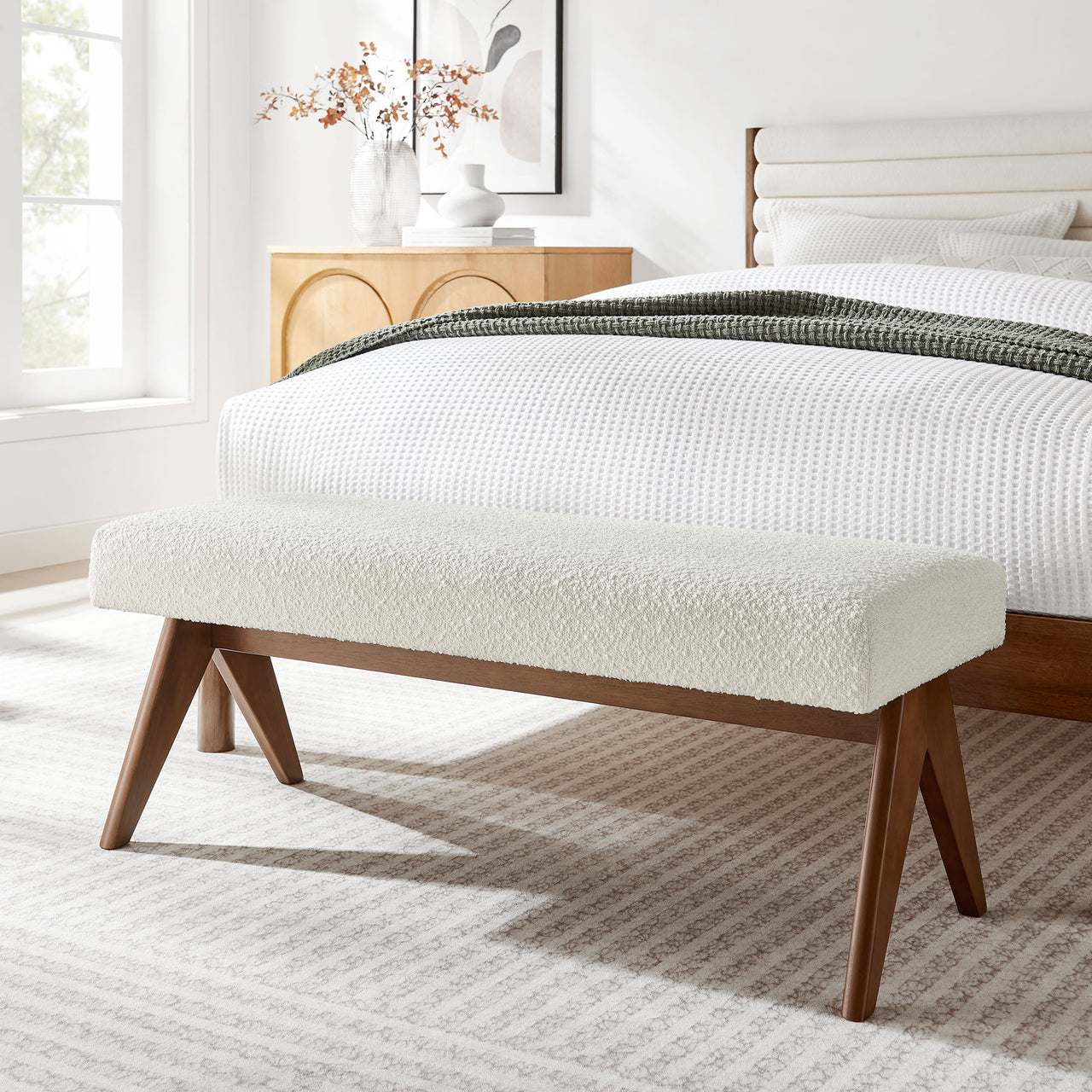 Serenel Upholstered Boucle Bench, Small, Ivory