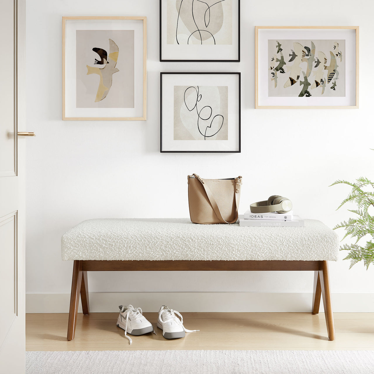 Serenel Upholstered Boucle Bench, Small, Ivory