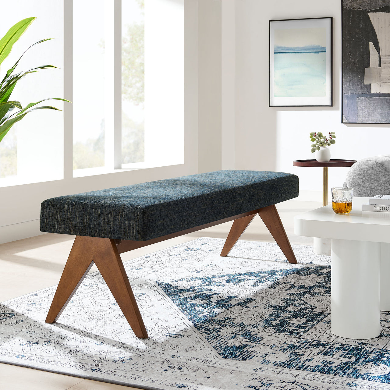 Serenel Upholstered Fabric Bench, Large, Azure