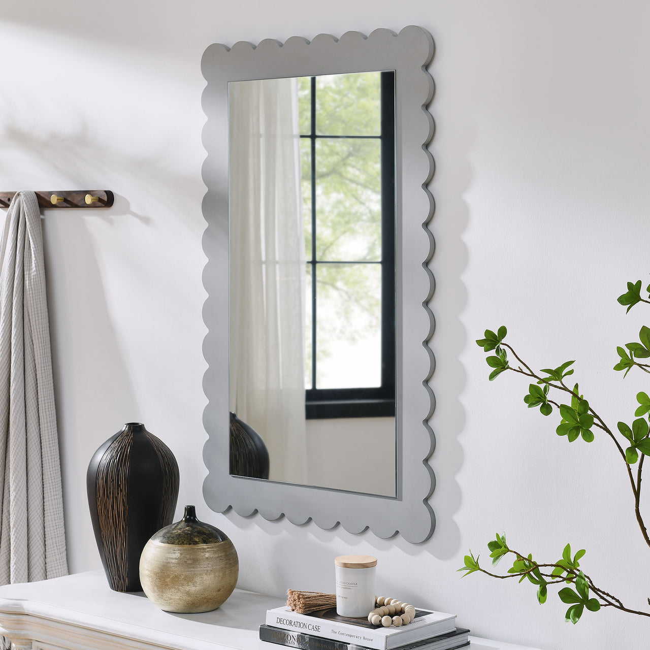 Amelia Petal-Carved Rectangle Wall Mirror, Light Gray