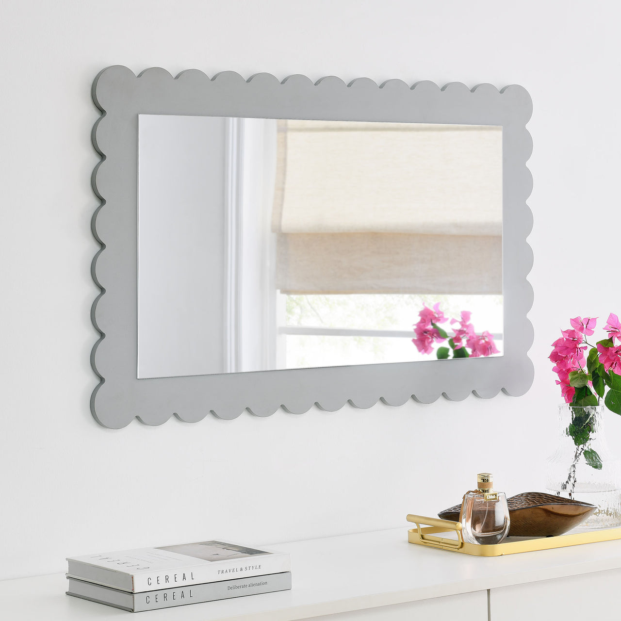 Amelia Petal-Carved Rectangle Wall Mirror, Light Gray