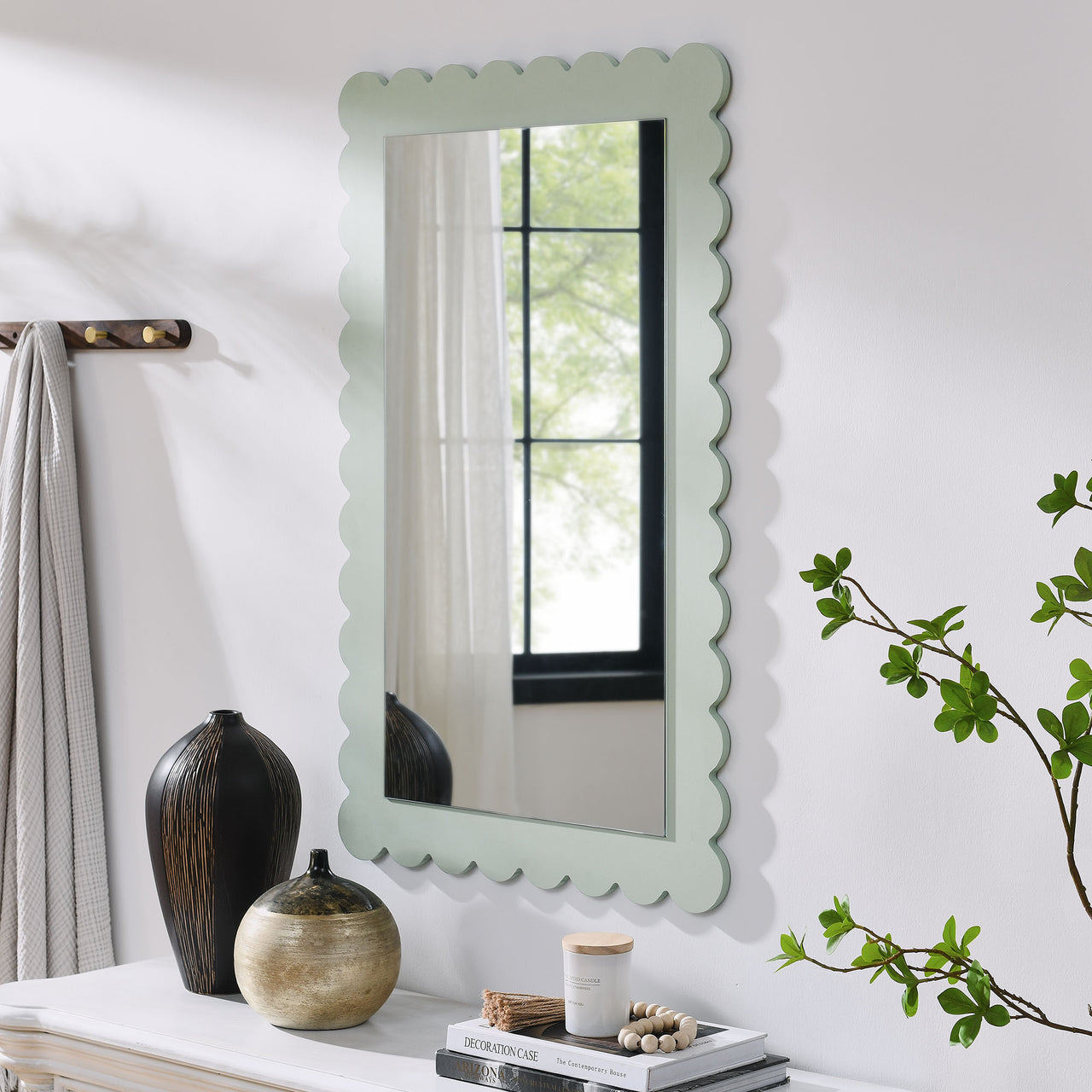 Amelia Petal-Carved Rectangle Wall Mirror, Sage