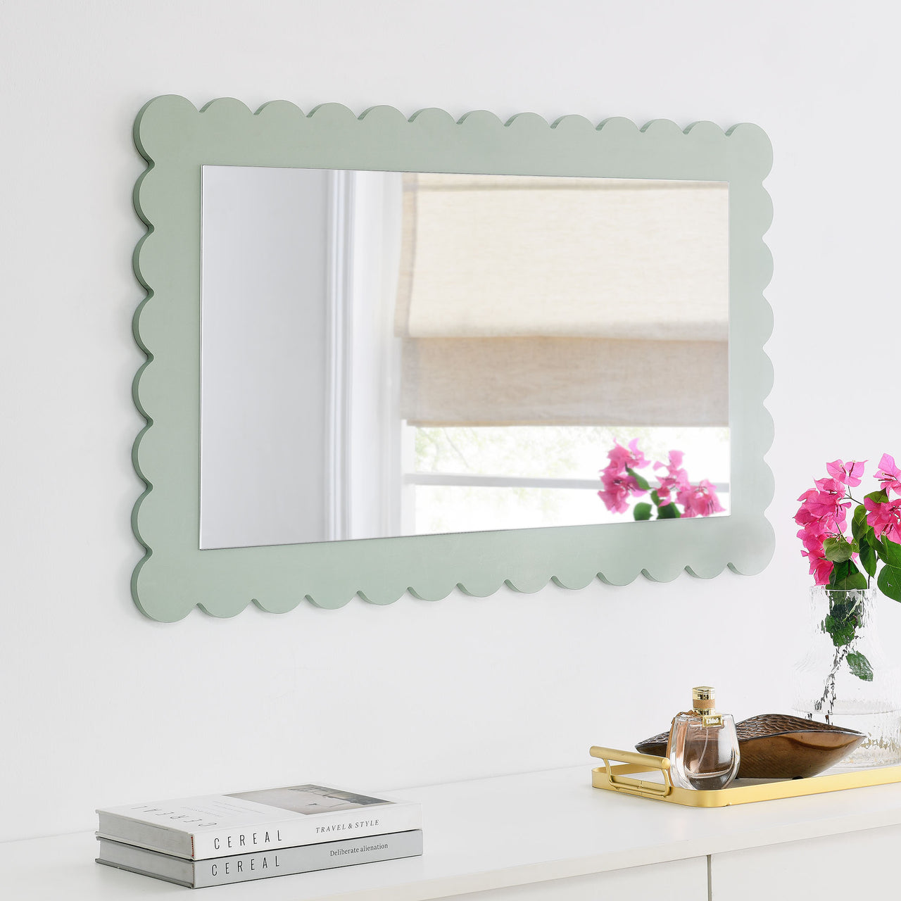 Amelia Petal-Carved Rectangle Wall Mirror, Sage