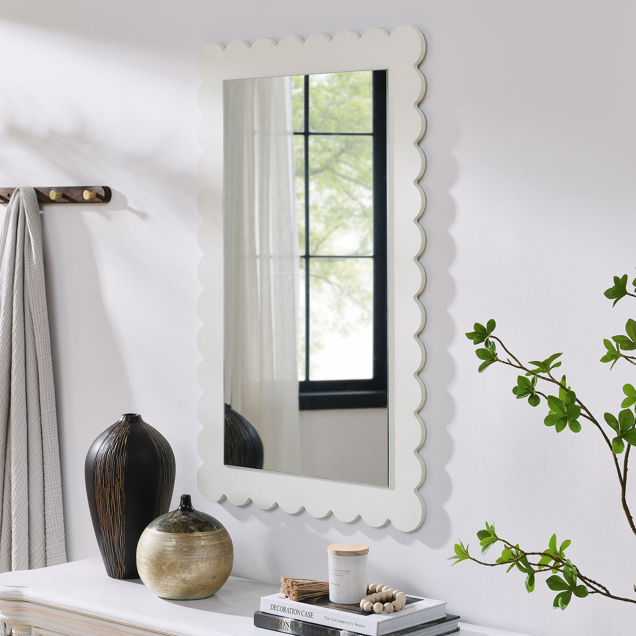 Amelia Petal-Carved Rectangle Wall Mirror, White