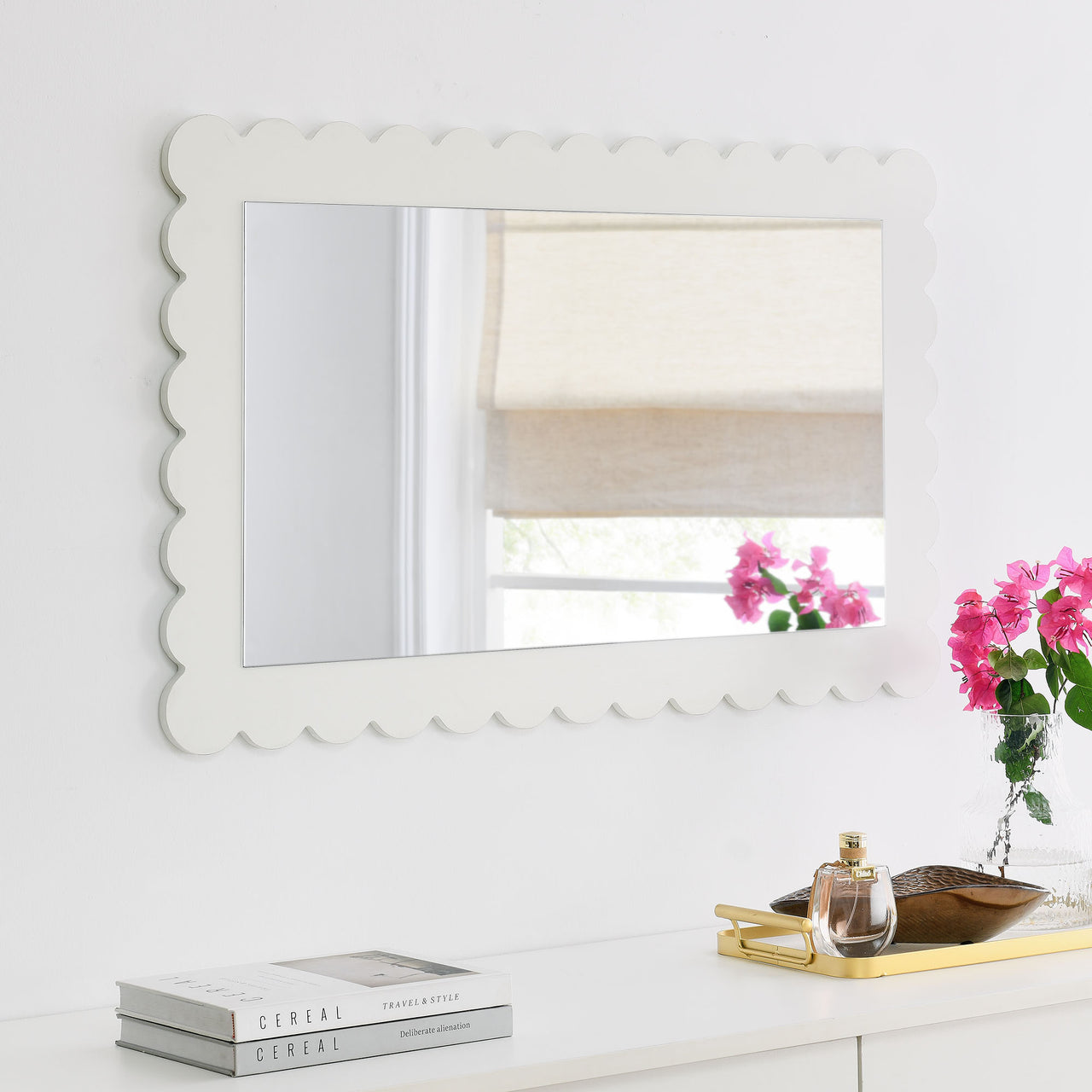 Amelia Petal-Carved Rectangle Wall Mirror, White