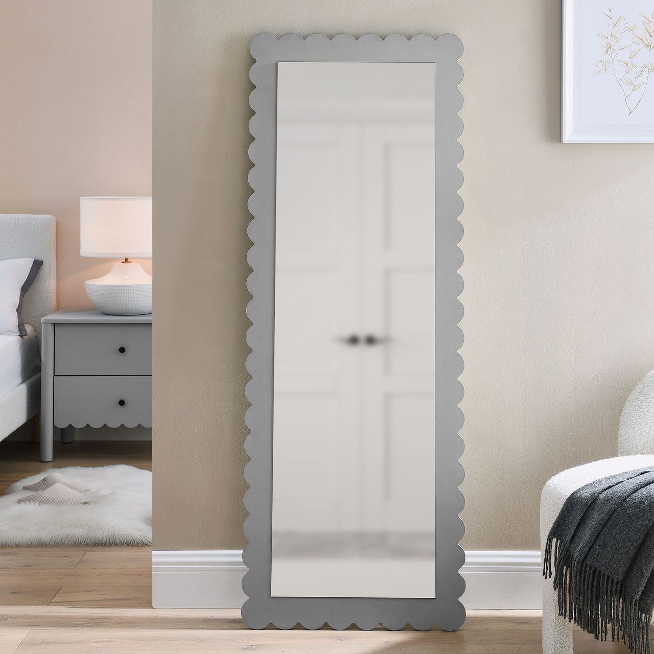 Amelia Petal-Carved Rectangle Floor Mirror, Light Gray