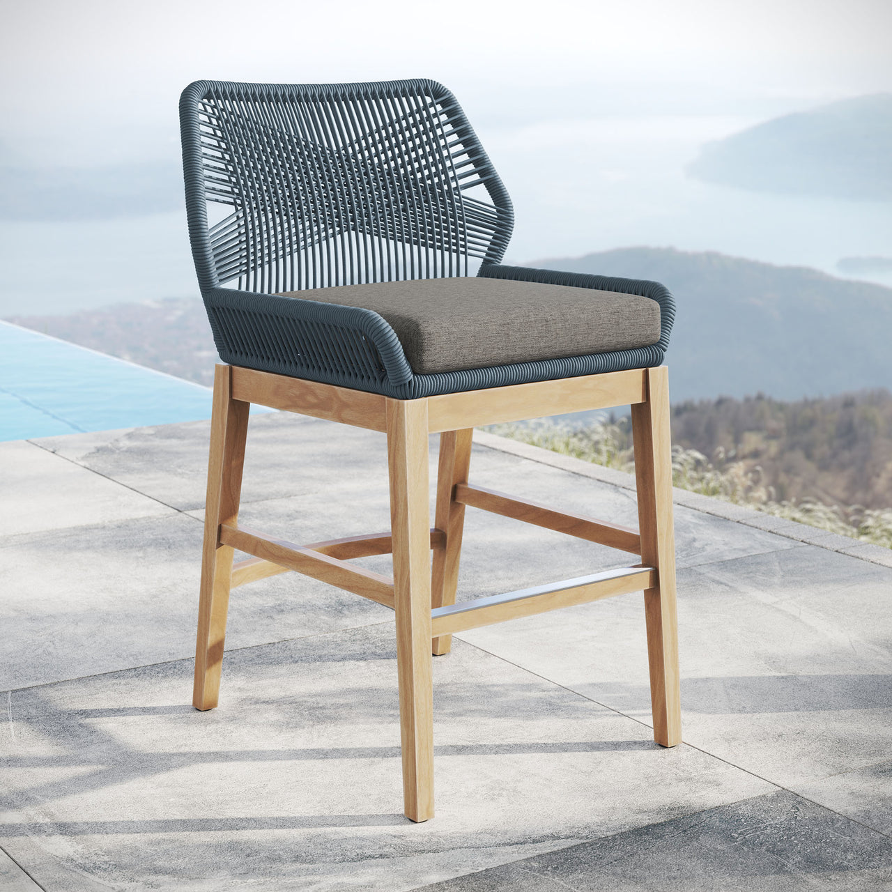 Veyra Teak Counter Stool, Blue & Natural Wood