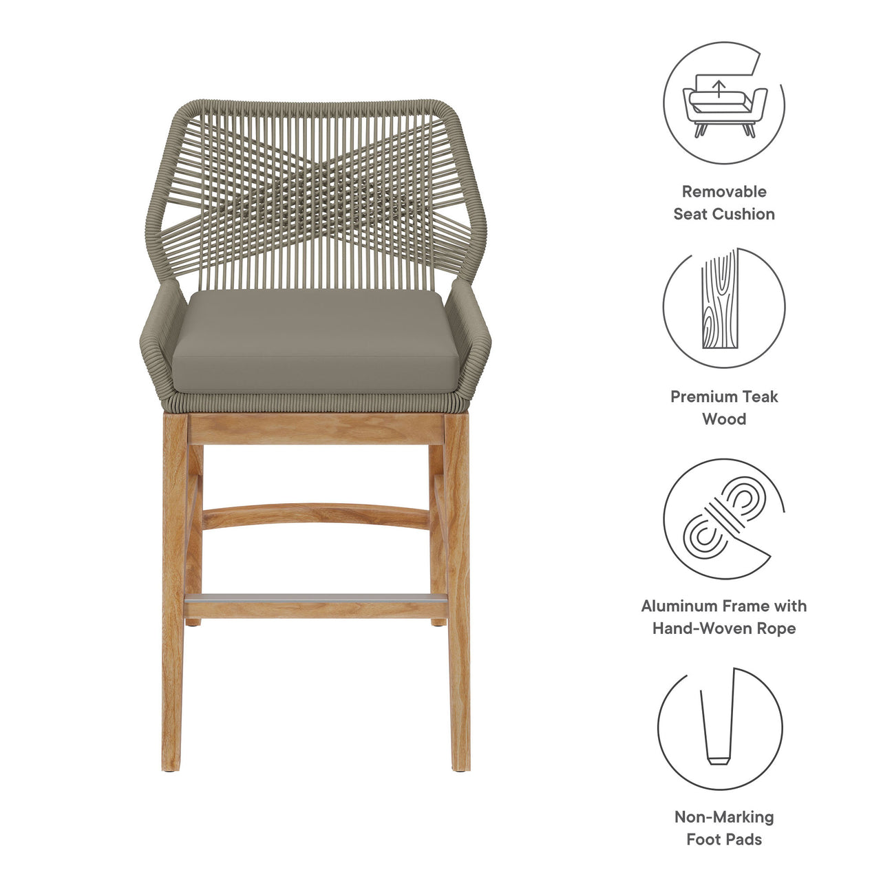 Veyra Teak Counter Stool, Light Gray & Natural Wood