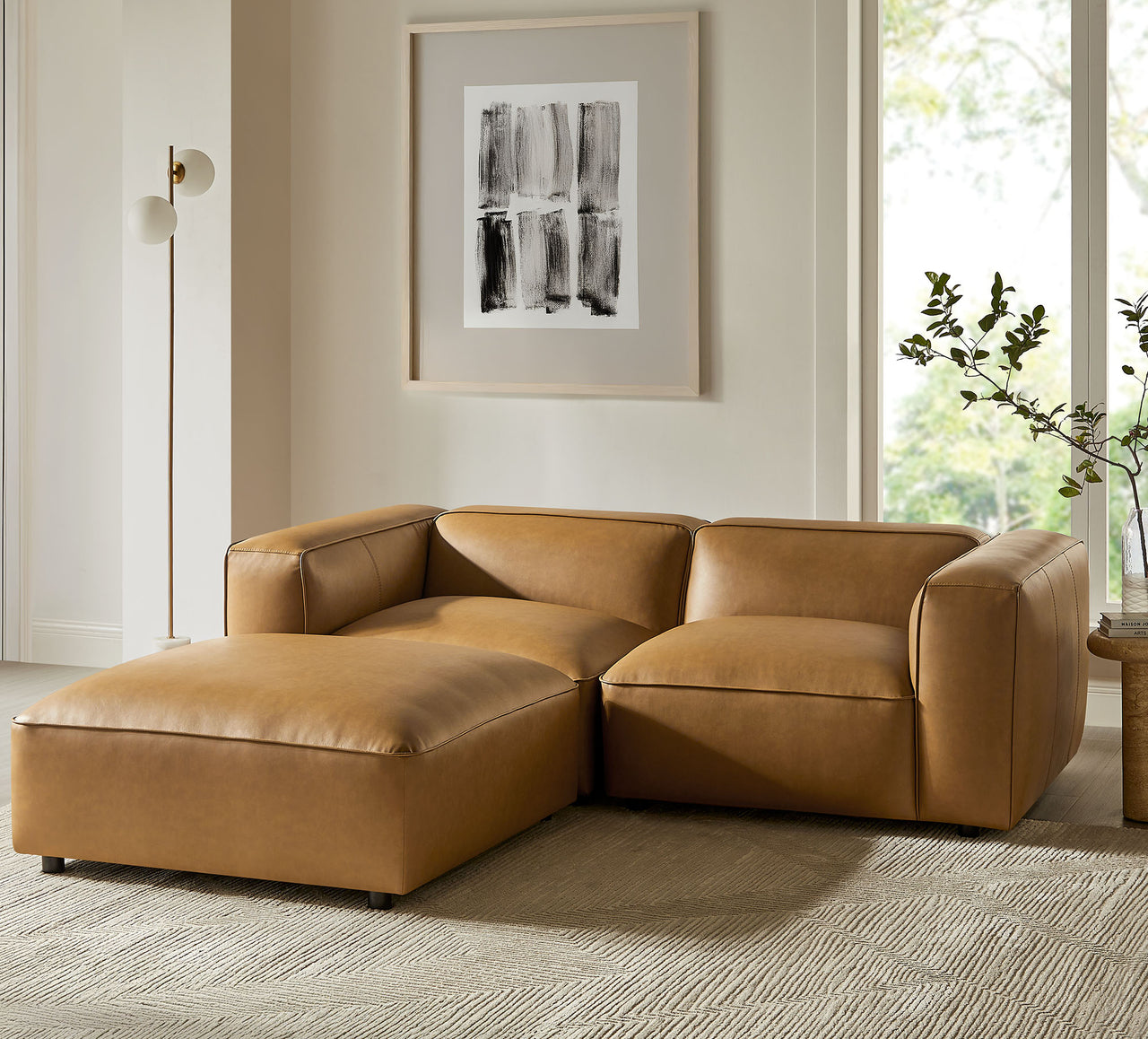 Ardyn 3-Piece Eco-Leather Modular Loveseat Sectional with Ottoman, Camel