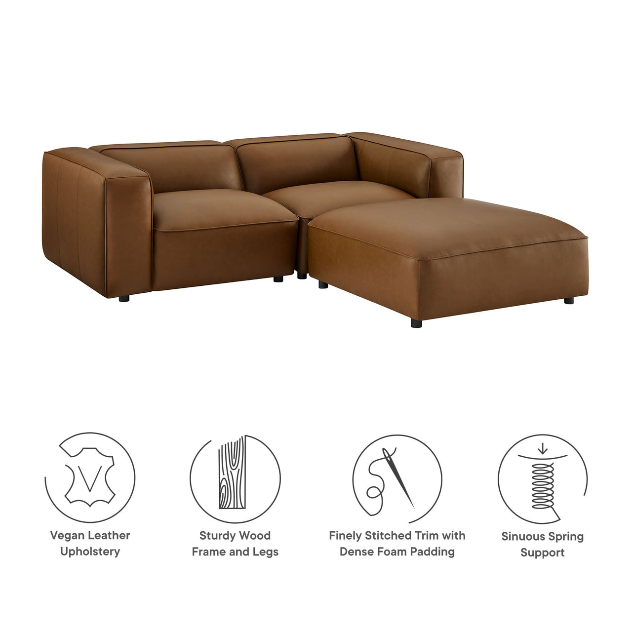 Ardyn 3-Piece Eco-Leather Modular Loveseat Sectional with Ottoman, Coffee