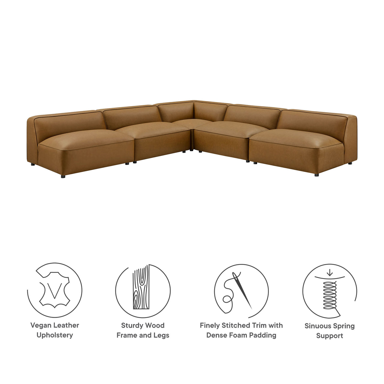 Ardyn 5-Piece Upholstered Armless L-Shaped Eco-Leather Modular Sectional, Camel