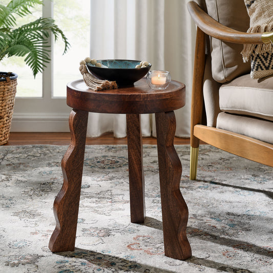 Mireya Carved Wood Stool | Side Table, Walnut