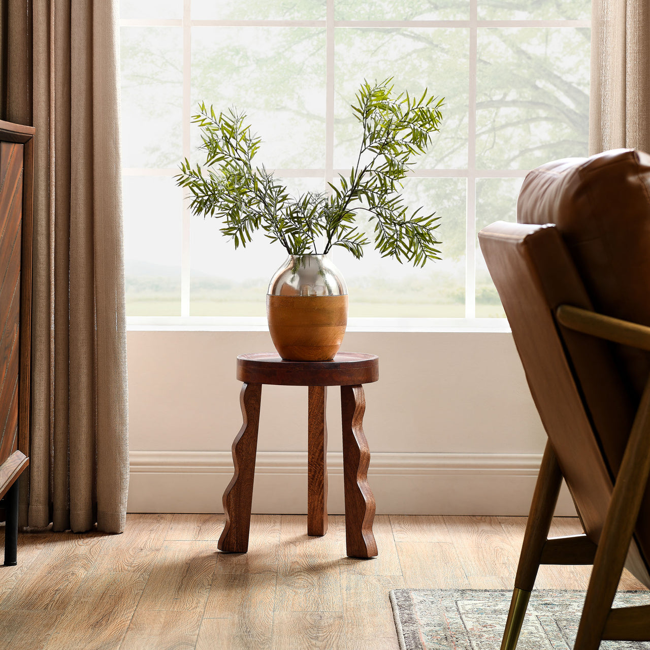 Mireya Carved Wood Stool | Side Table, Walnut
