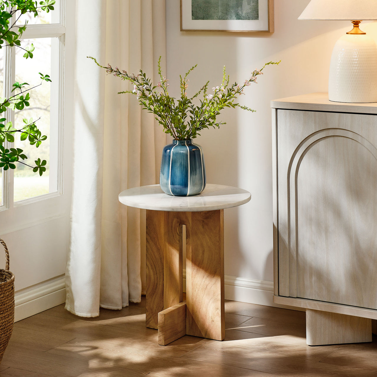 Olyvenne Side Table, Natural Wood & White