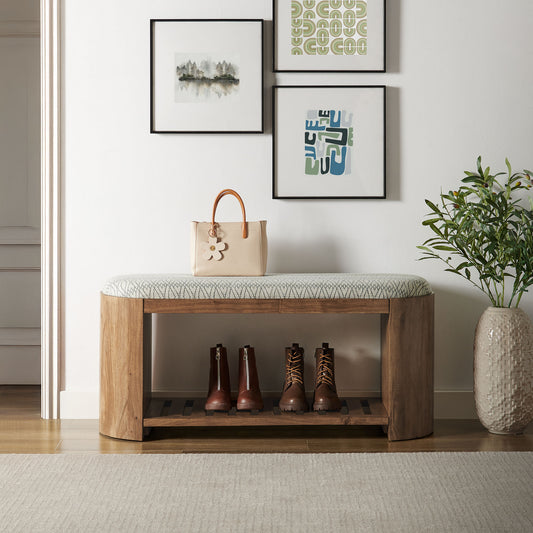 Zarentha Upholstered Bench, Natural Wood & Geometric
