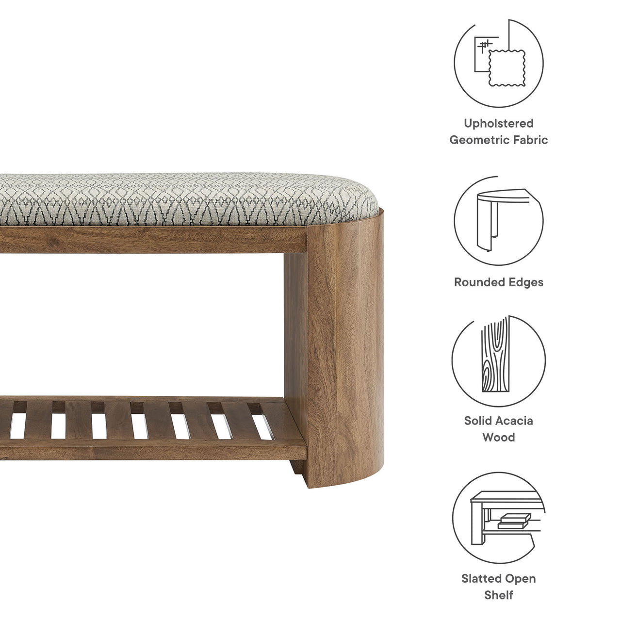 Zarentha Upholstered Bench, Natural Wood & Geometric