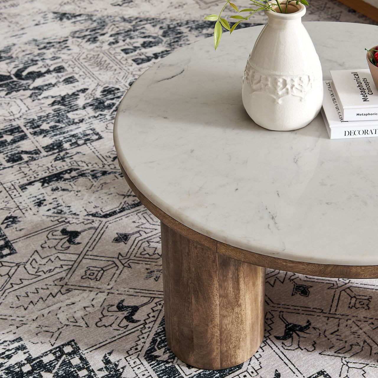 Cyrenth Round Marble and Wood Coffee Table, Walnut