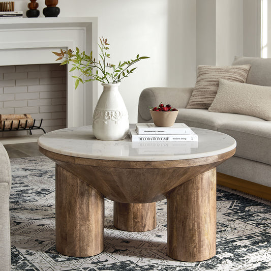Cyrenth Round Marble and Wood Coffee Table, Walnut