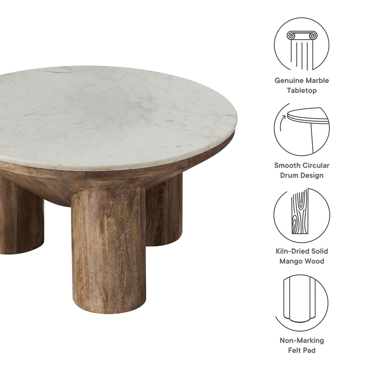 Cyrenth Round Marble and Wood Coffee Table, Walnut
