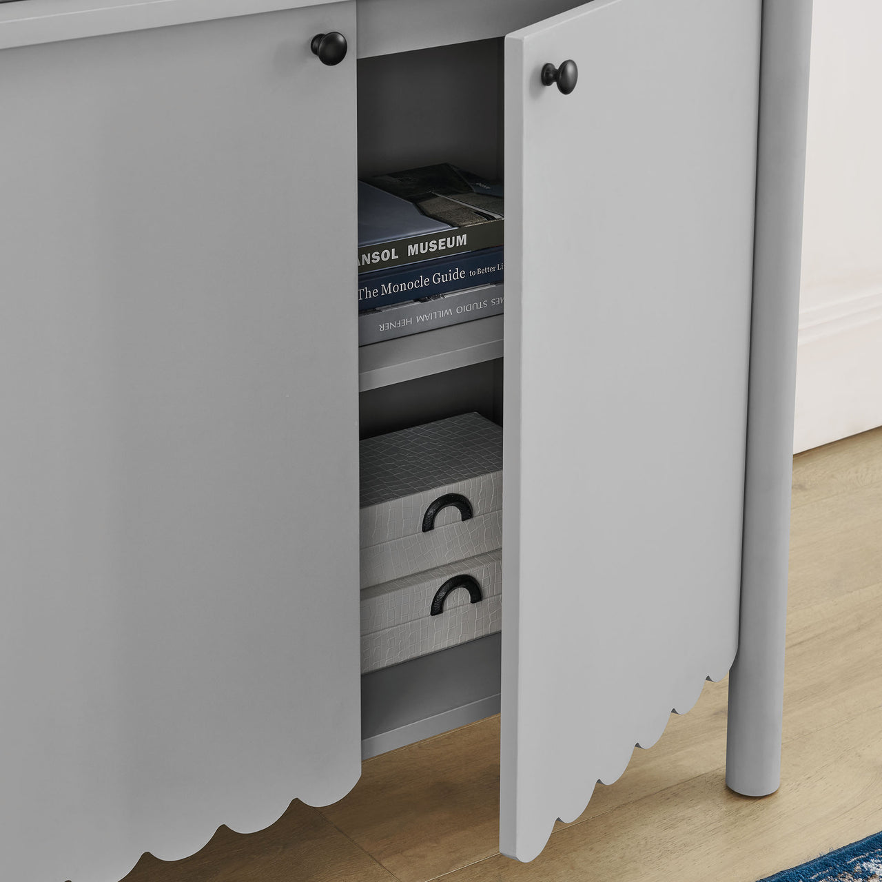 Amelia Petal-Carved Cabinet, Light Gray