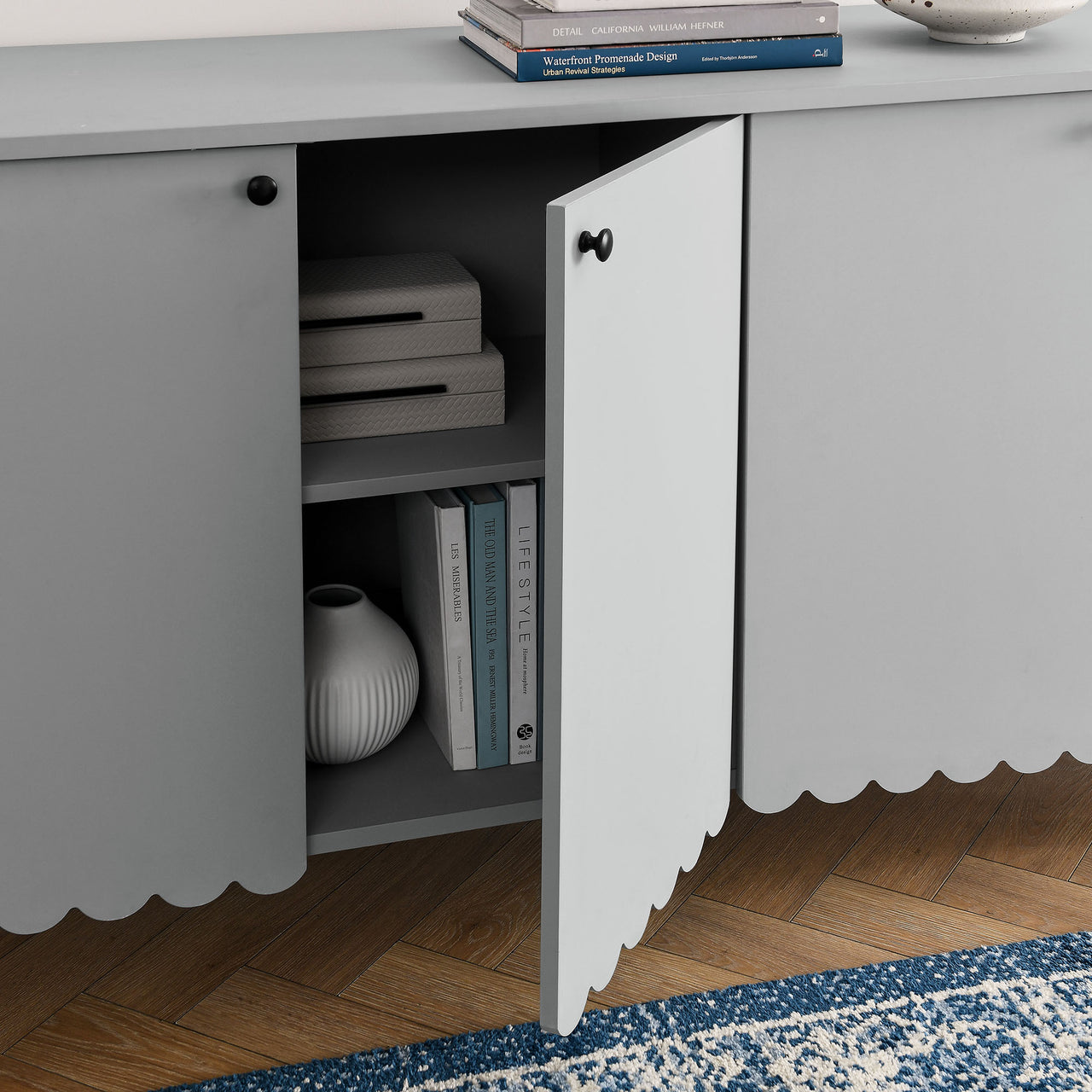Amelia Petal-Carved Sideboard, Light Gray