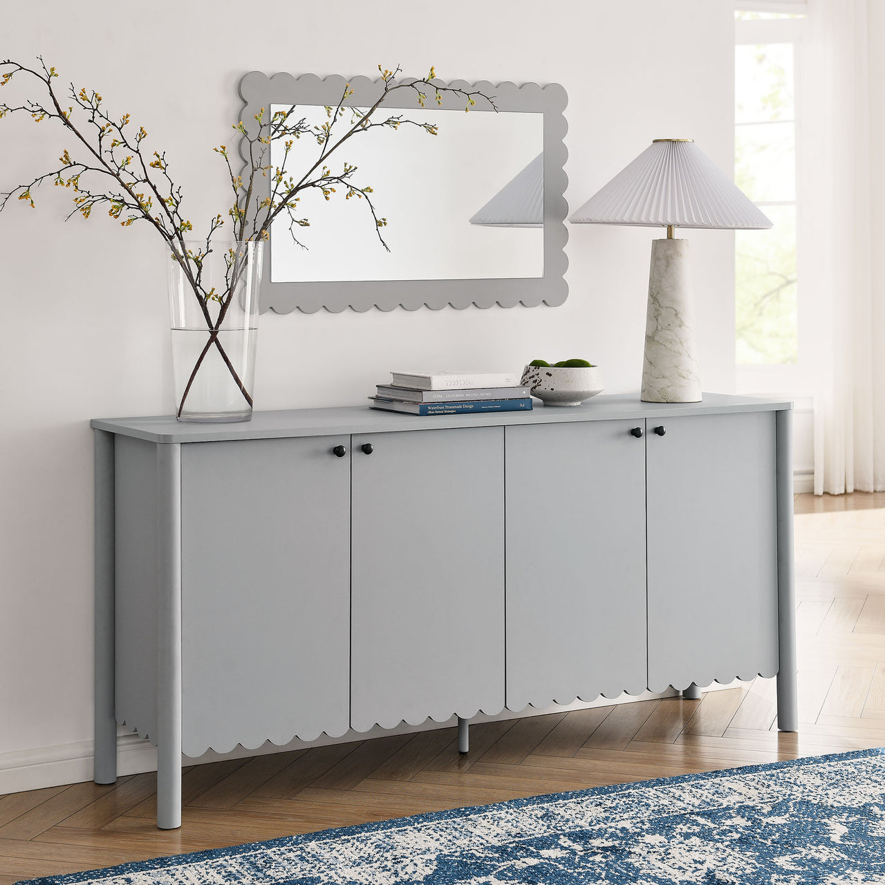 Amelia Petal-Carved Sideboard, Light Gray