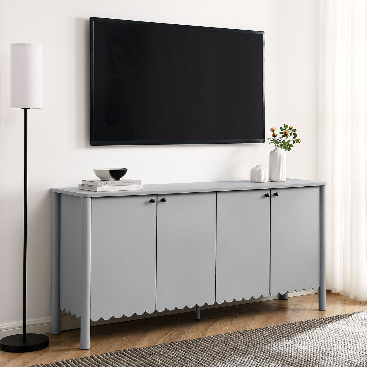 Amelia Petal-Carved Sideboard, Light Gray