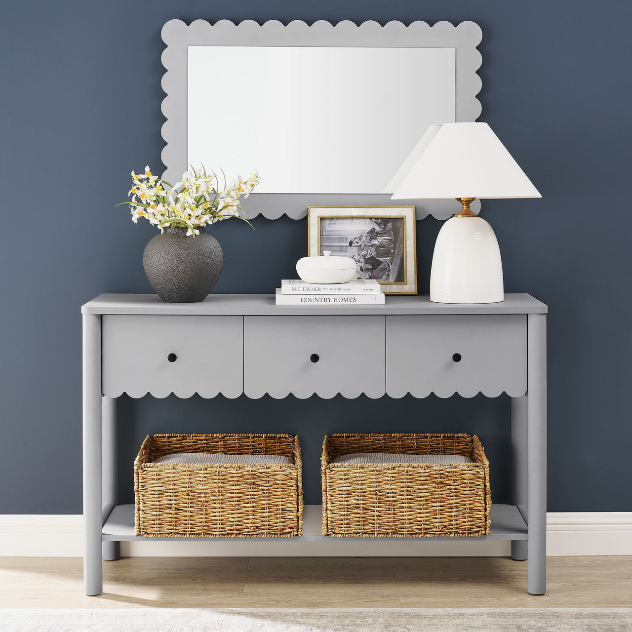 Amelia Petal-Carved Console Table, Light Gray