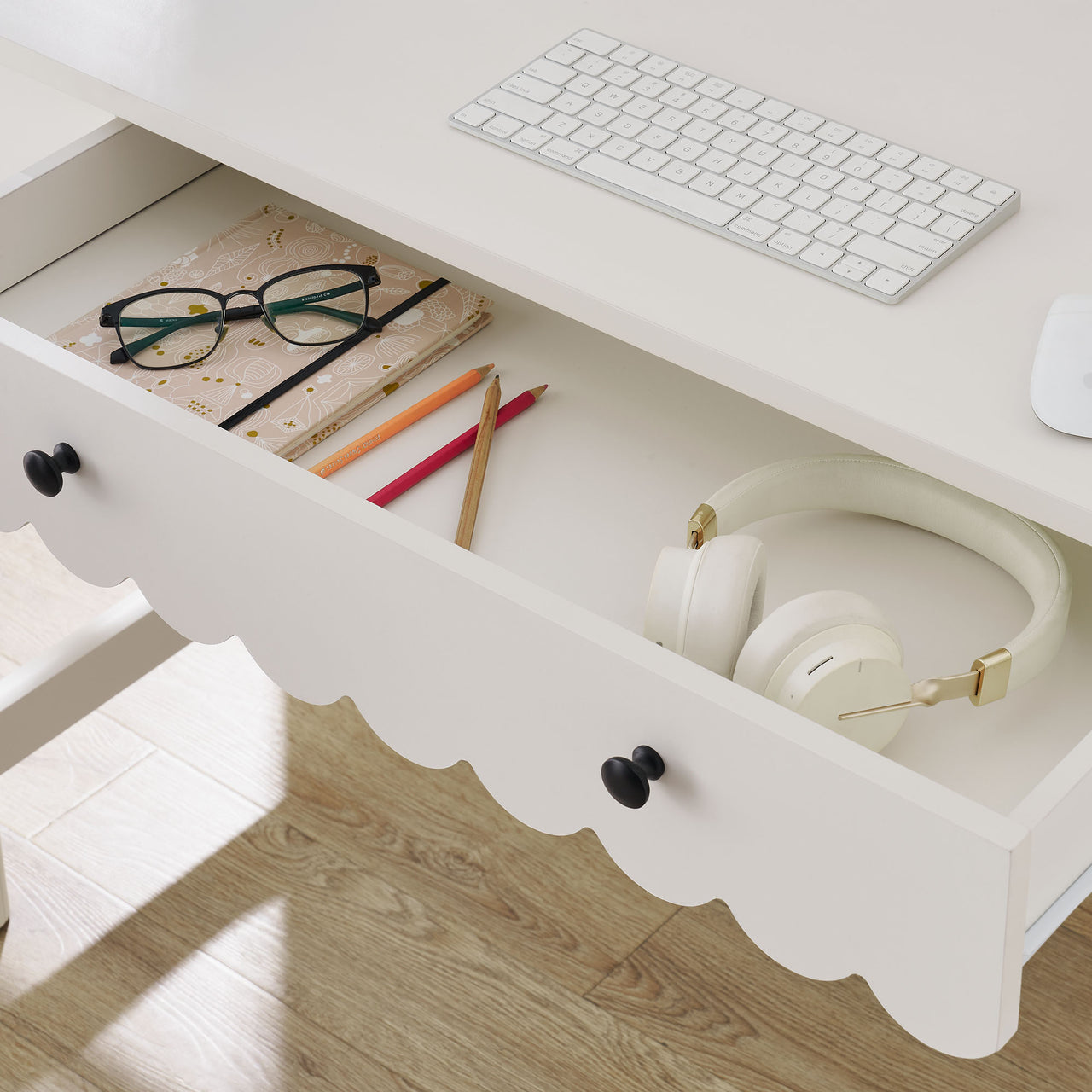 Amelia Petal-Carved Writing Desk, White