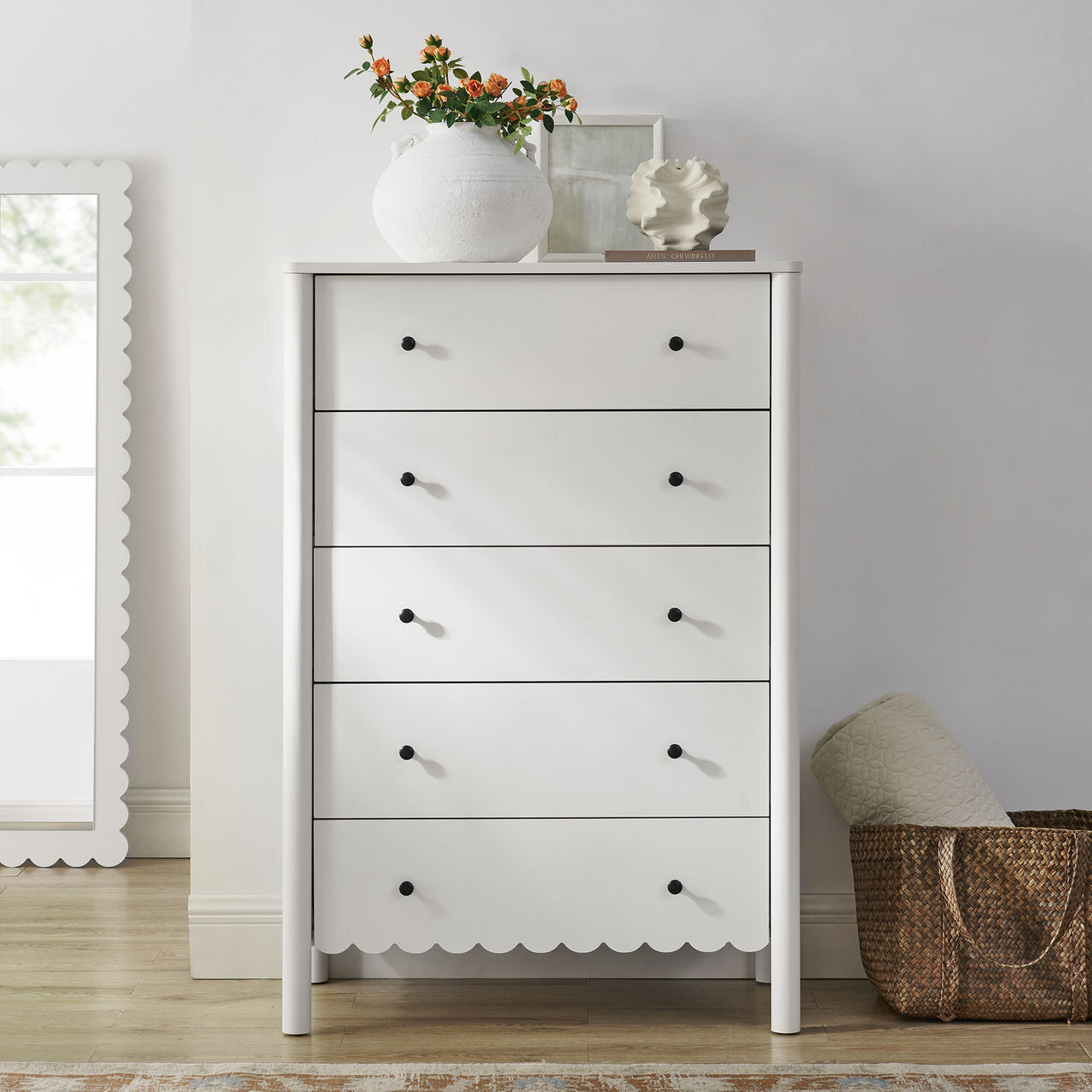 Amelia Petal-Carved 5-Drawer Chest, White