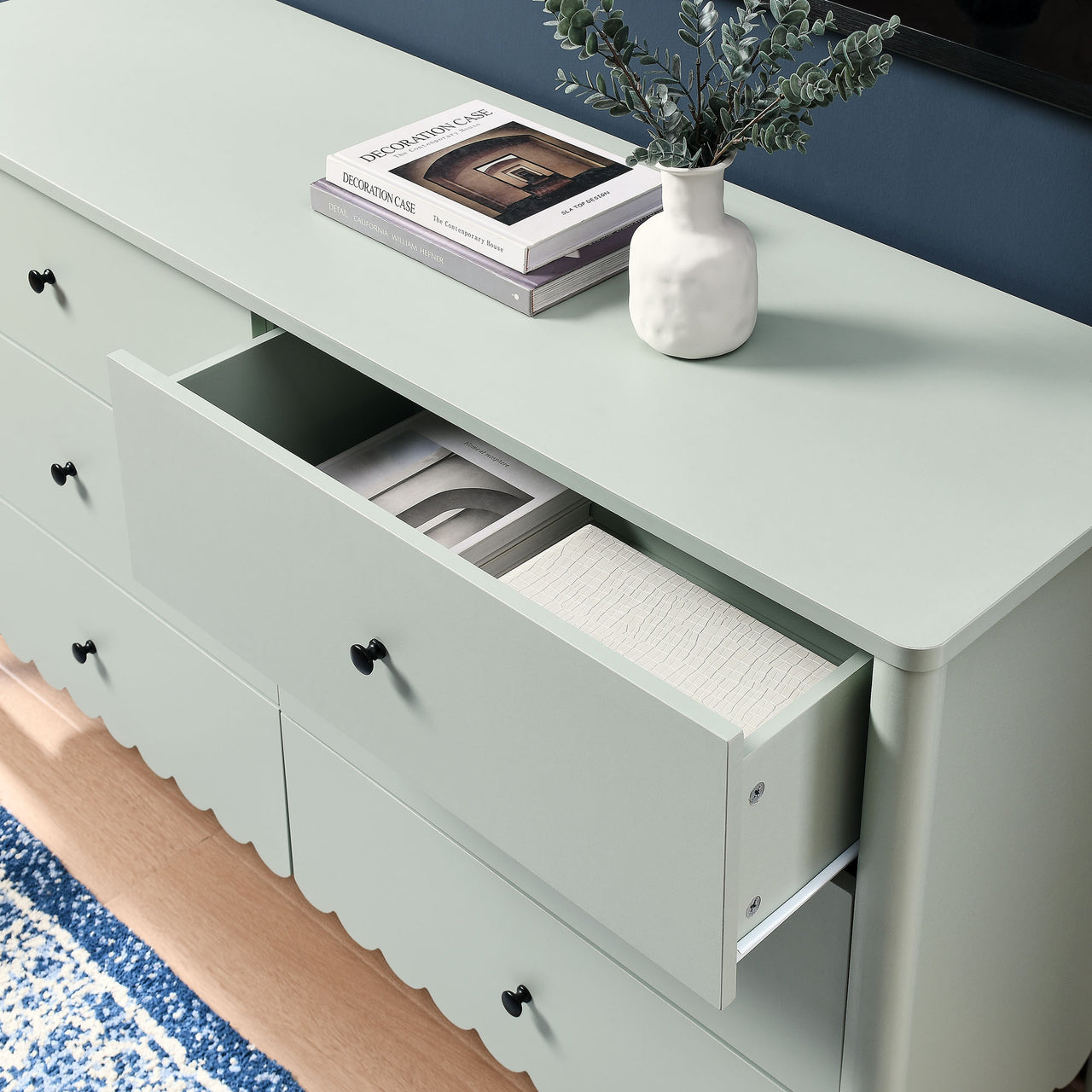 Amelia Petal-Carved 6-Drawer Dresser, Sage