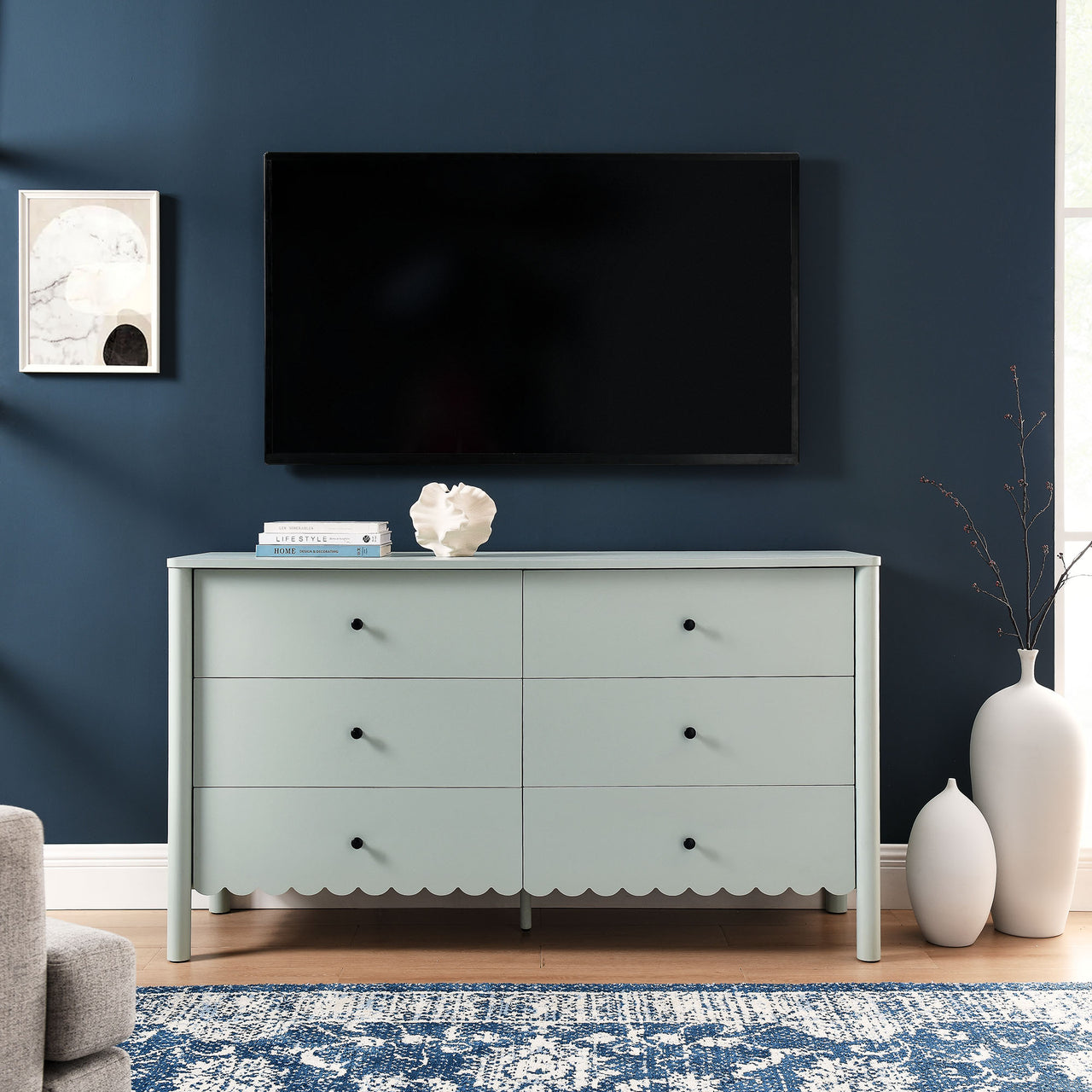 Amelia Petal-Carved 6-Drawer Dresser, Sage