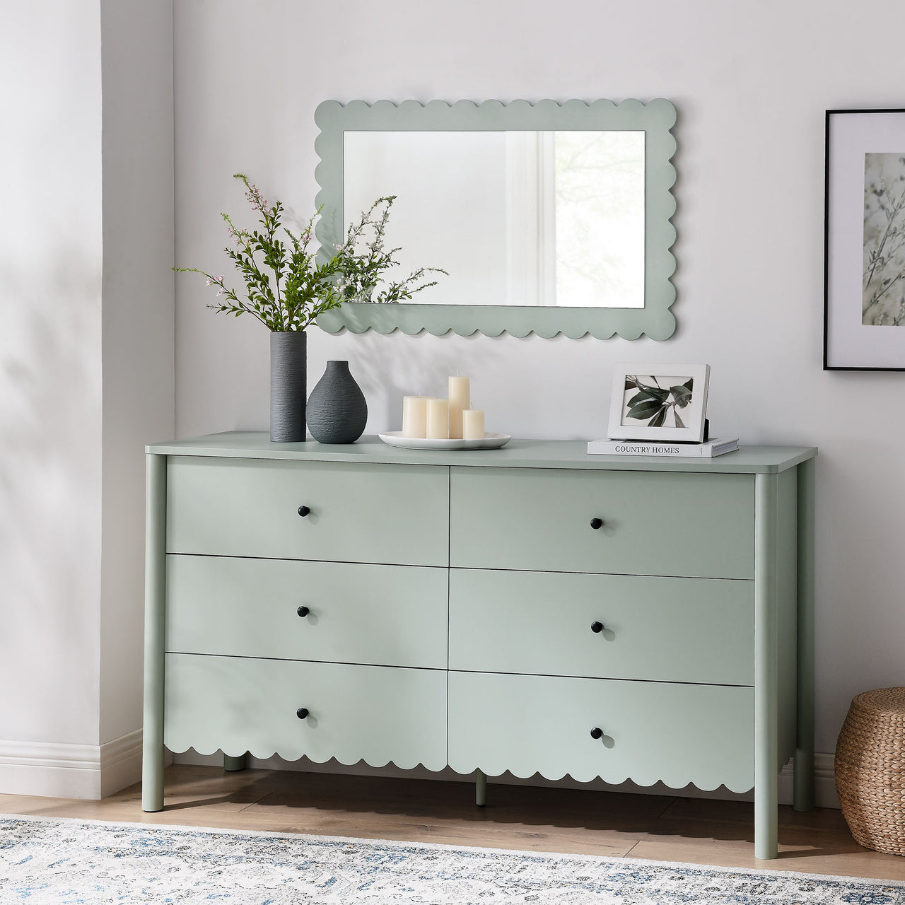 Amelia Petal-Carved 6-Drawer Dresser, Sage