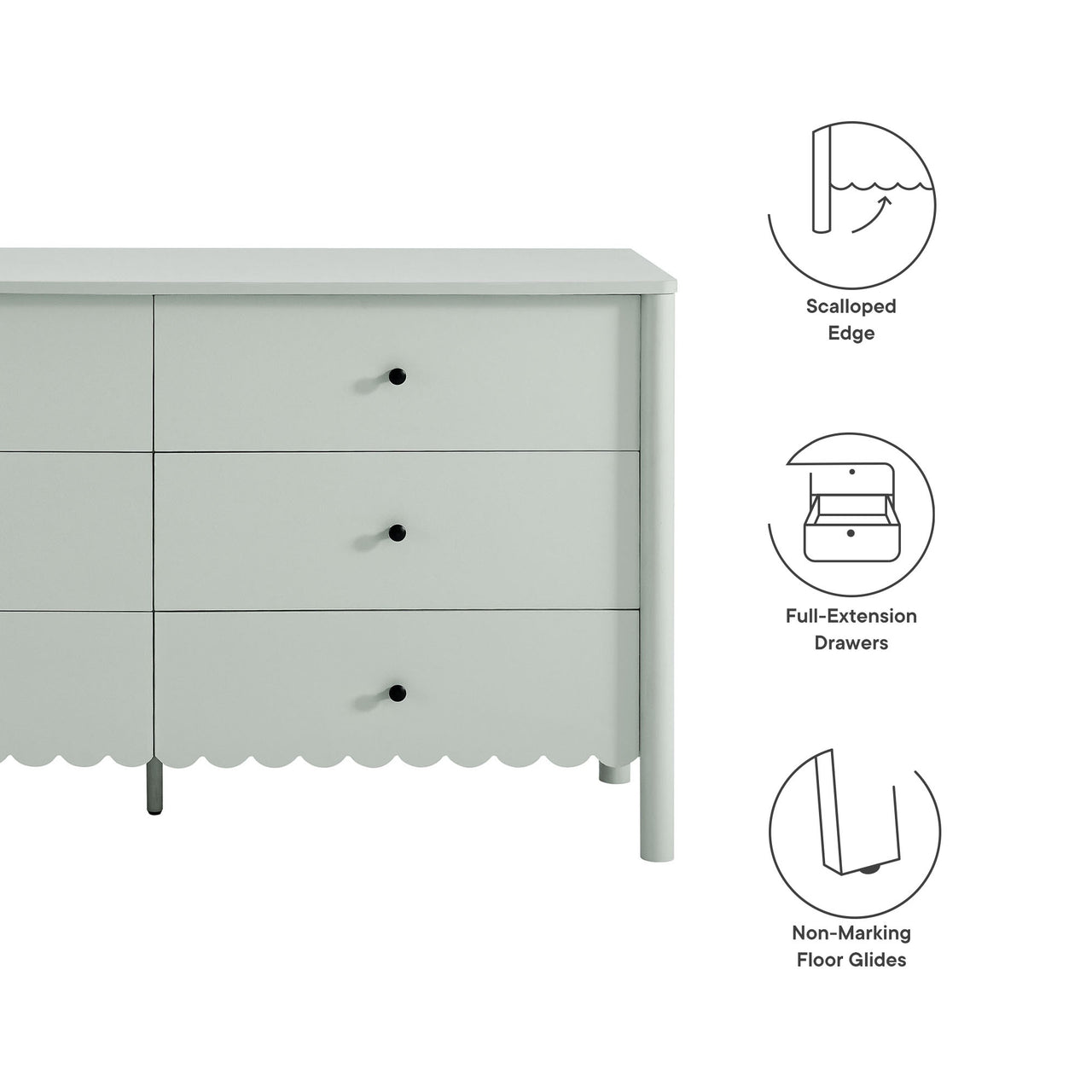 Amelia Petal-Carved 6-Drawer Dresser, Sage