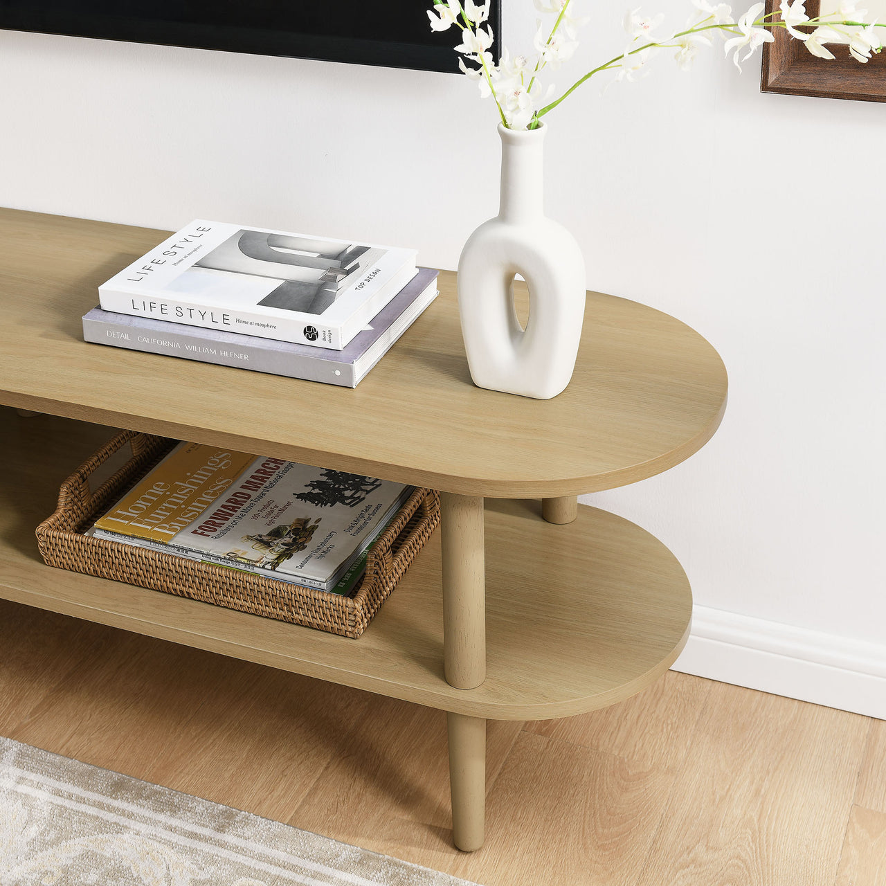 Elevea Oval TV Stand, Light Oak
