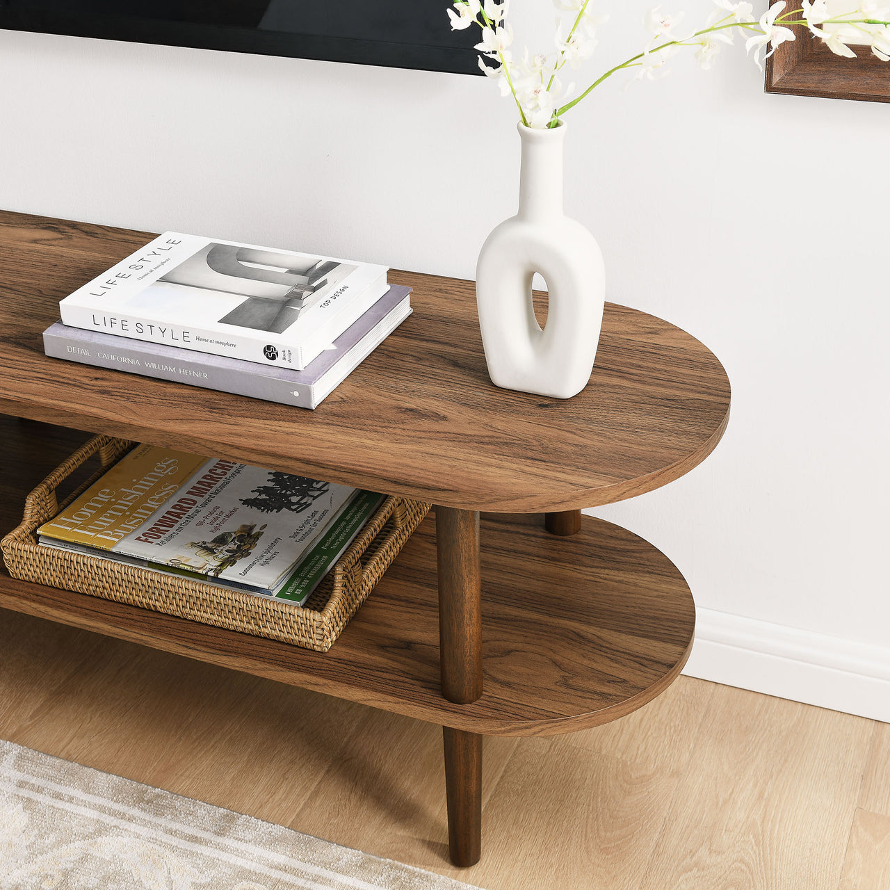 Elevea Oval TV Stand, Walnut