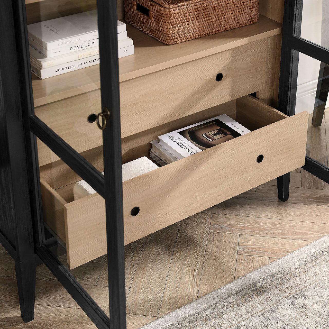 Althene Tall Wide Rounded Display Cabinet, Black & Oak