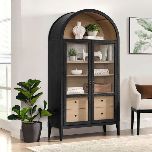 Althene Tall Wide Rounded Display Cabinet, Black & Oak