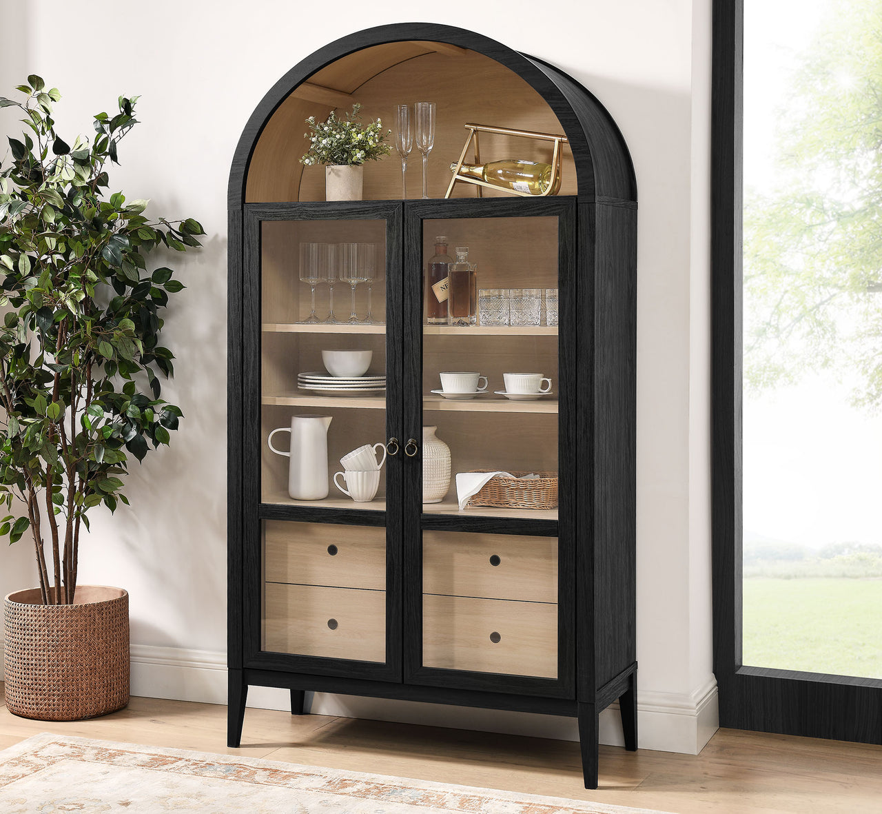 Althene Tall Wide Rounded Display Cabinet, Black & Oak