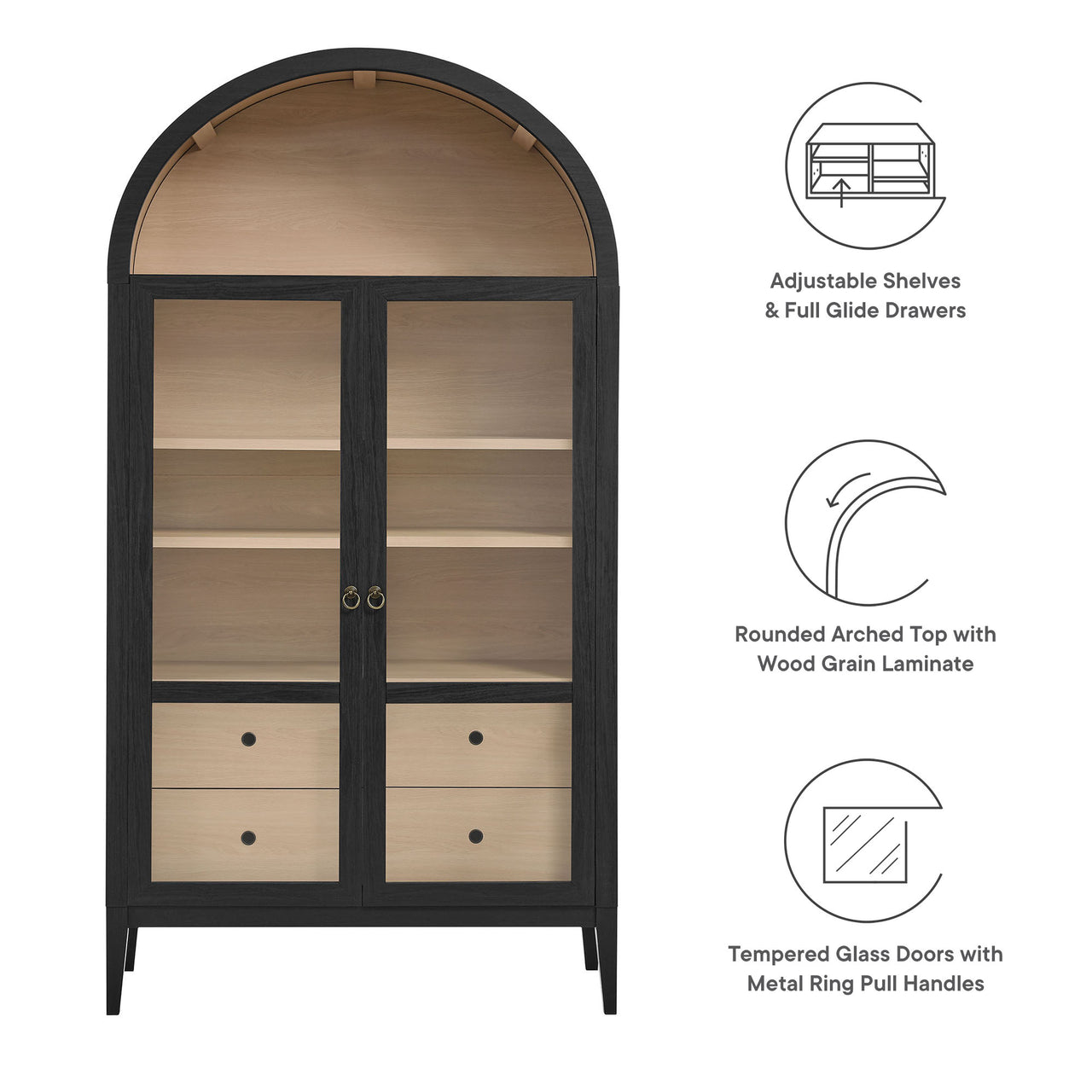 Althene Tall Wide Rounded Display Cabinet, Black & Oak