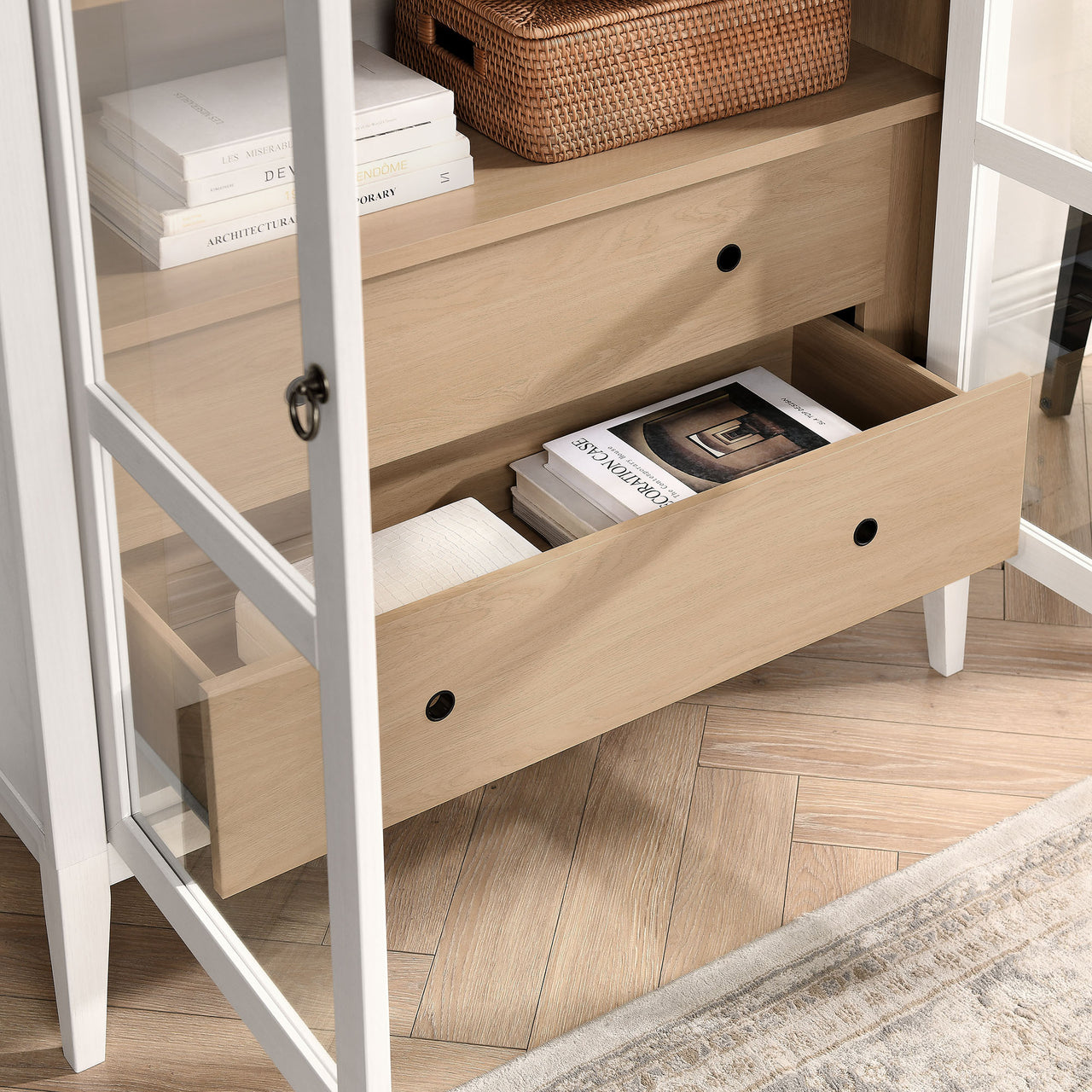 Althene Tall Wide Rounded Display Cabinet, Ivory & Oak