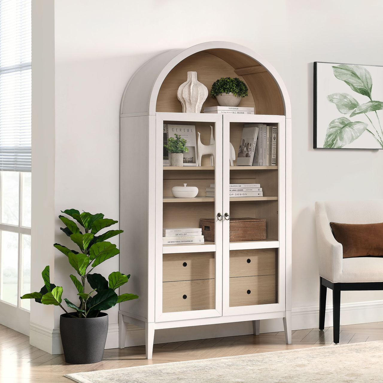 Althene Tall Wide Rounded Display Cabinet, Ivory & Oak