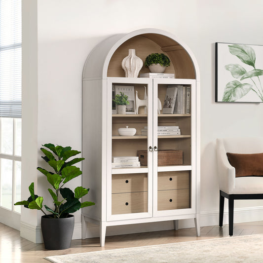Althene Tall Wide Rounded Display Cabinet, Ivory & Oak
