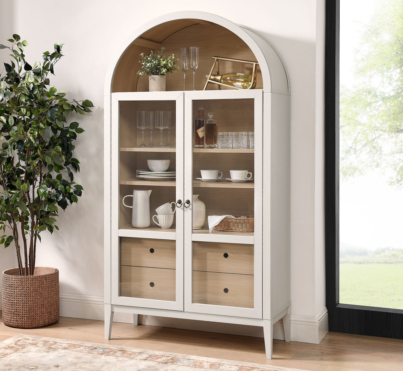 Althene Tall Wide Rounded Display Cabinet, Ivory & Oak