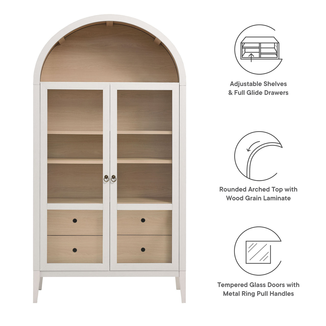Althene Tall Wide Rounded Display Cabinet, Ivory & Oak